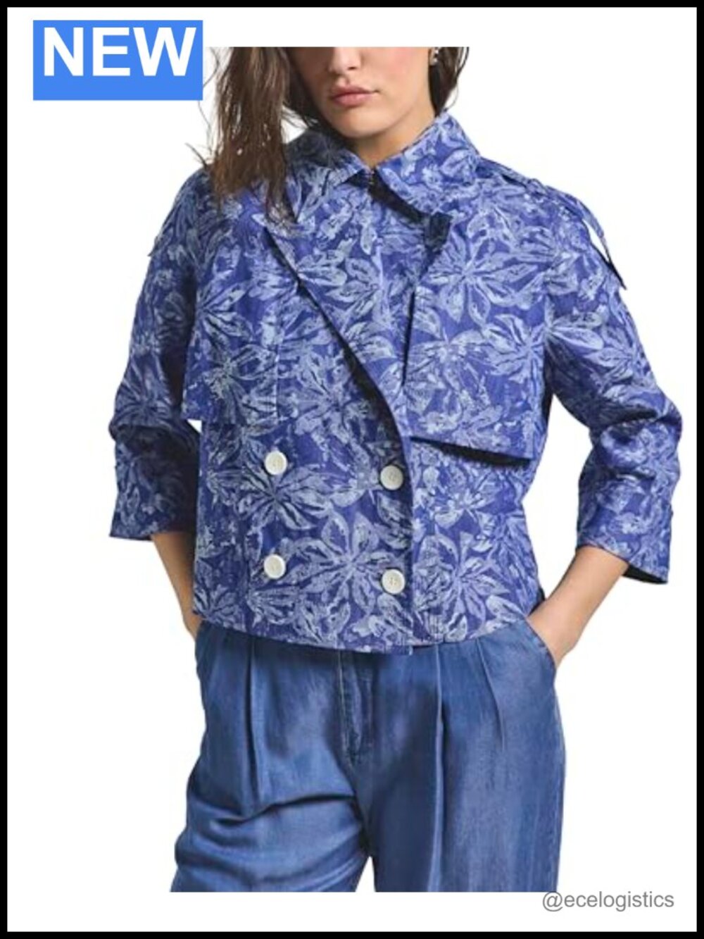 Cropped Trench Jacket Floral Jacquard Chambray 3/4 Sleeve Double-Breasted